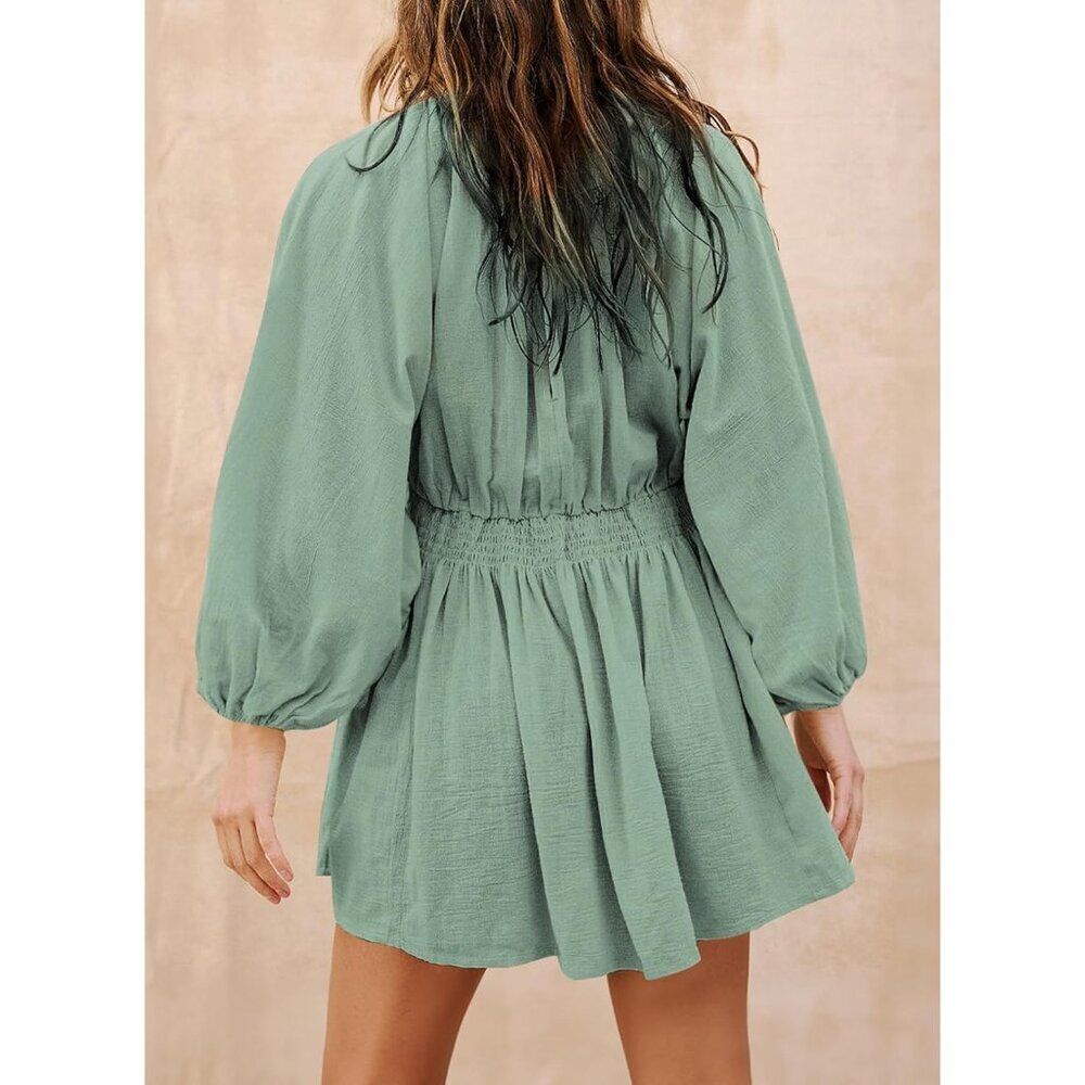 Women’s Spring Long Sleeve V Neck Casual Loose Flowy Ruffle Mini Dress - Picture 4 of 4